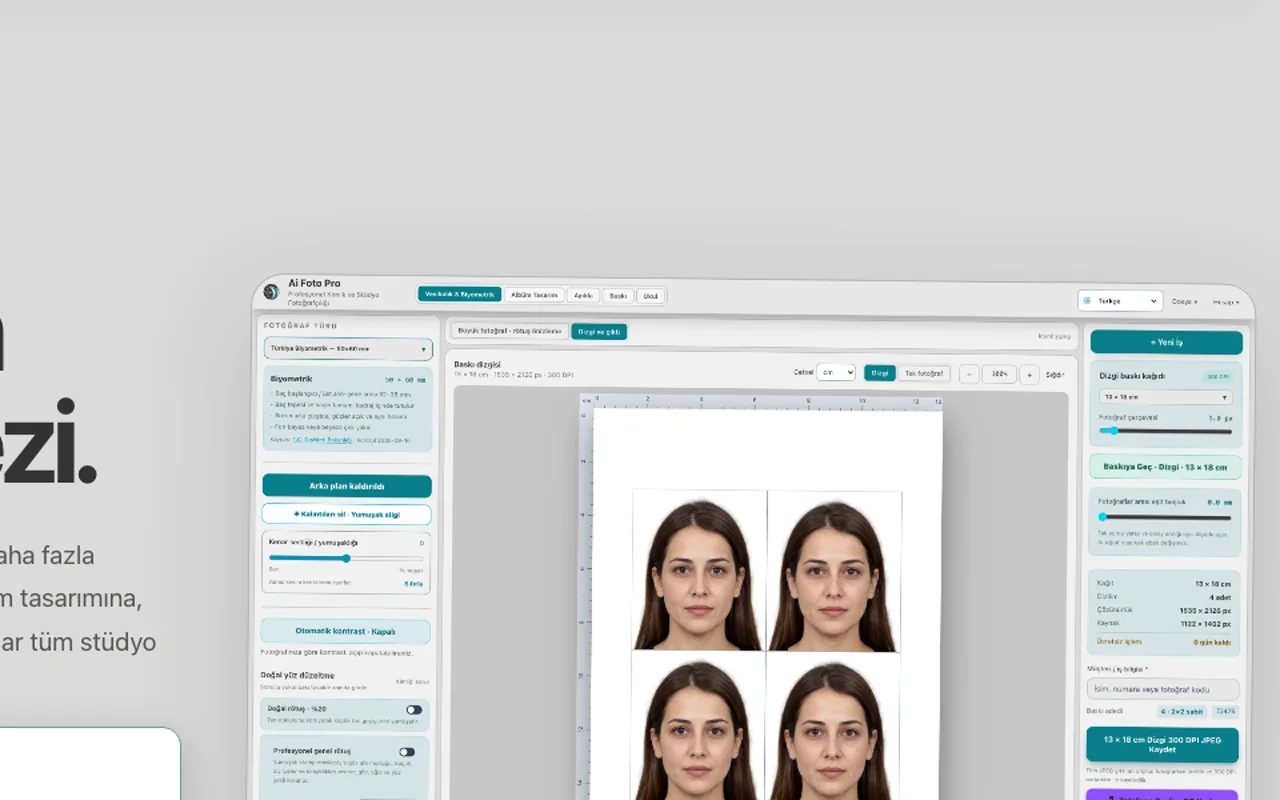 Ai Foto Pro fotoğraf stüdyosu programı ve vesikalık hazırlama arayüzü