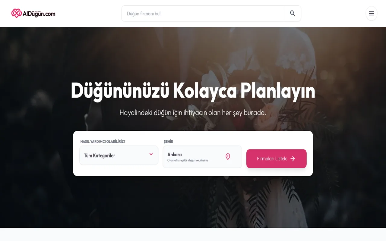AIDüğün.com düğün firması arama ve planlama ana ekranı