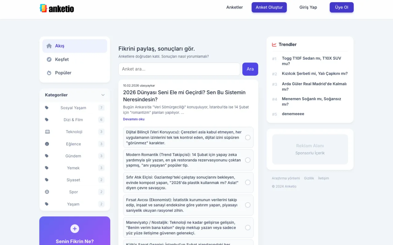Anketio sosyal anket platformunun anket akışı ve trendler ekranı