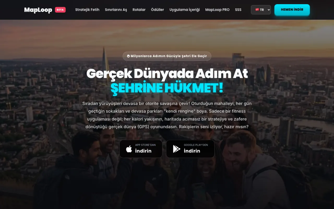 MapLoop gerçek dünya GPS tabanlı şehir fetih oyunu tanıtım ekranı